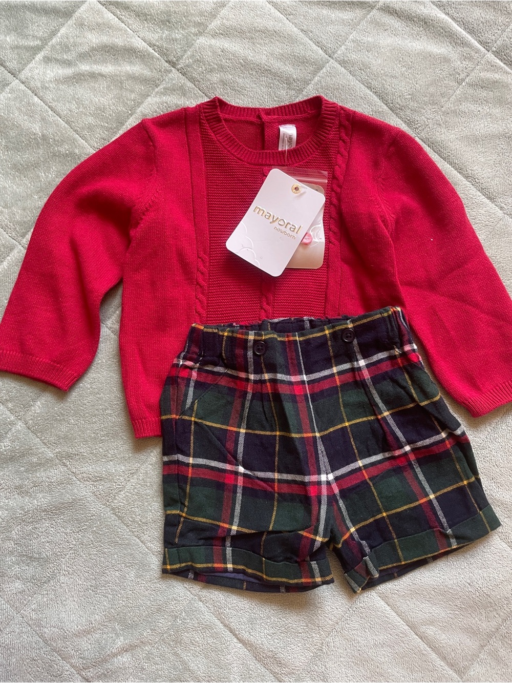 Mayoral Red Knit Sweater and plaid shorts